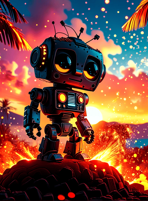 robot, palm tree, volcano, sunset, sparkle