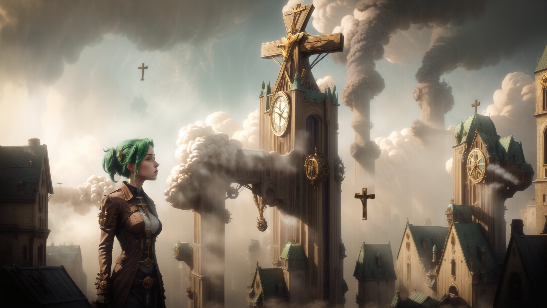 AI generated wallpaper featuring woman, clock tower, cross