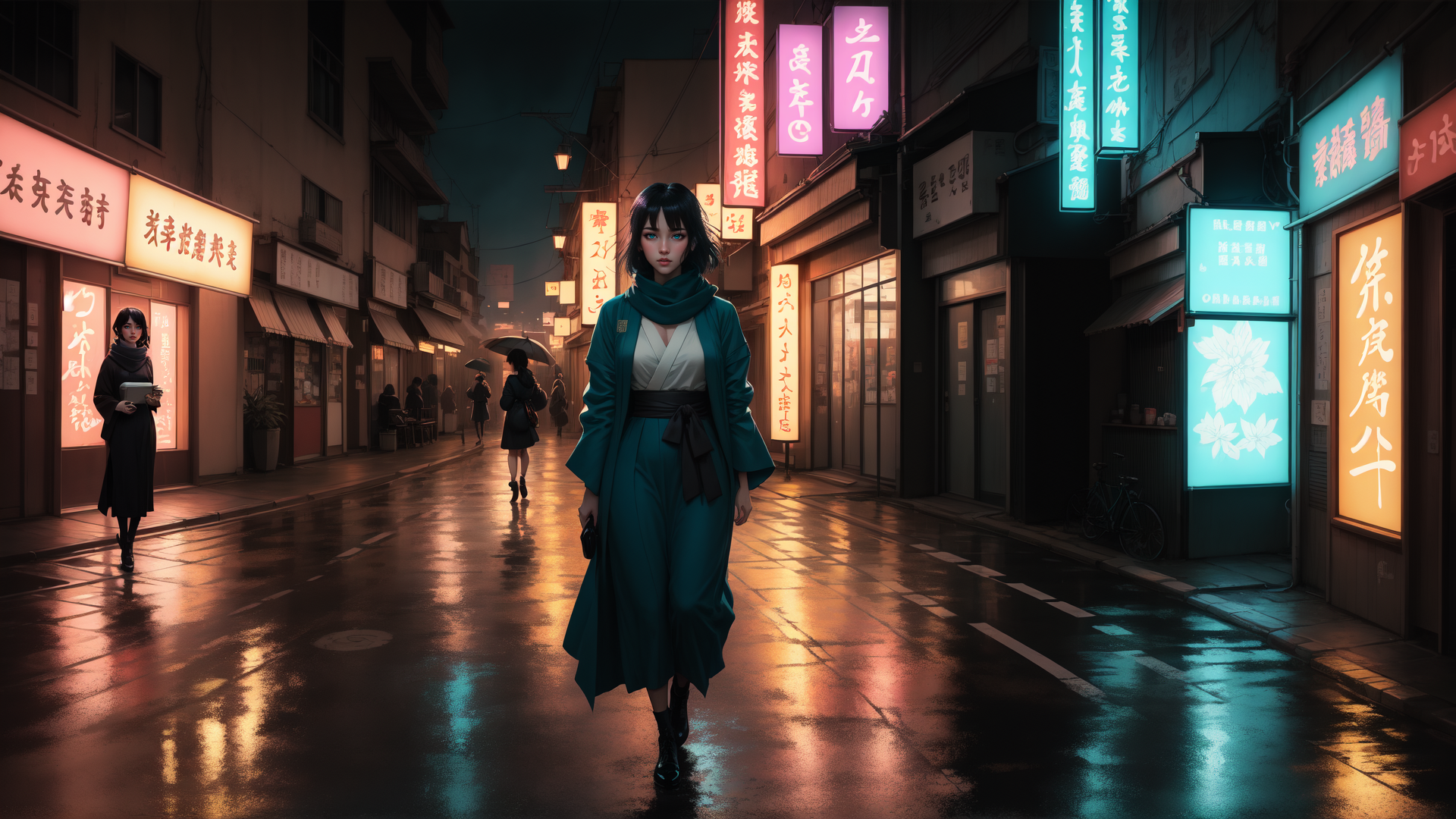 AI generated wallpaper featuring woman, street, neon signs