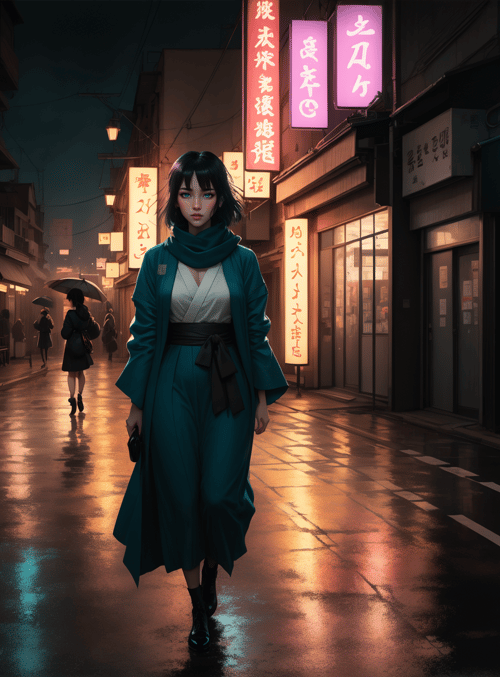 woman, street, neon signs