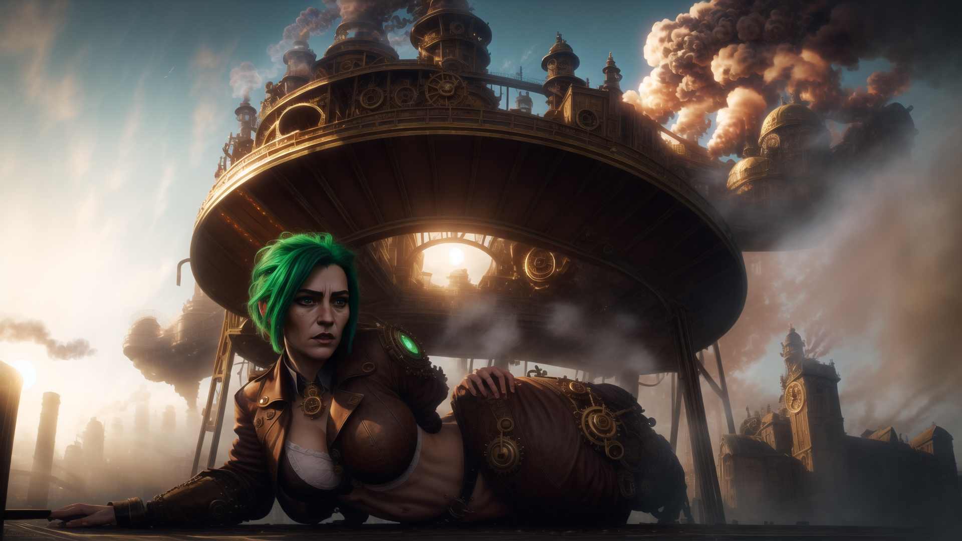 AI generated wallpaper featuring woman, steampunk, cityscape