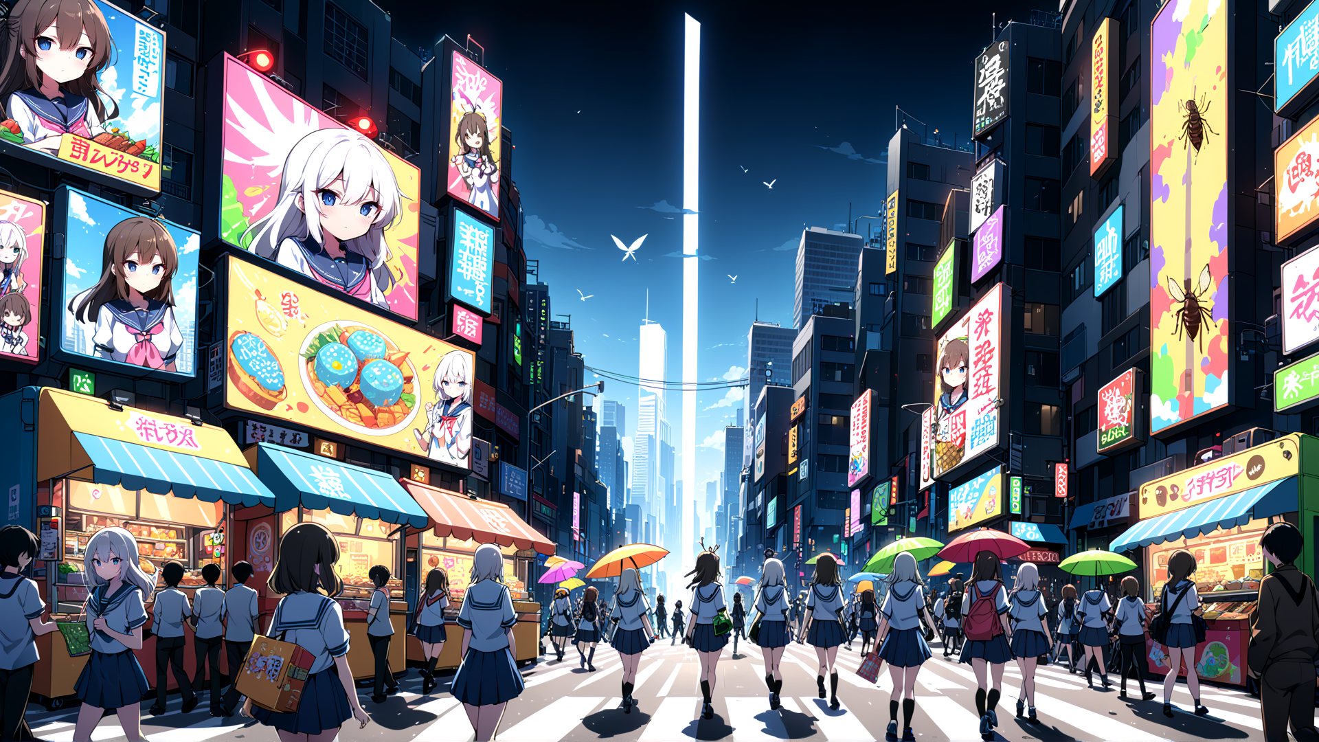 AI generated wallpaper featuring anime, cityscape, schoolgirls