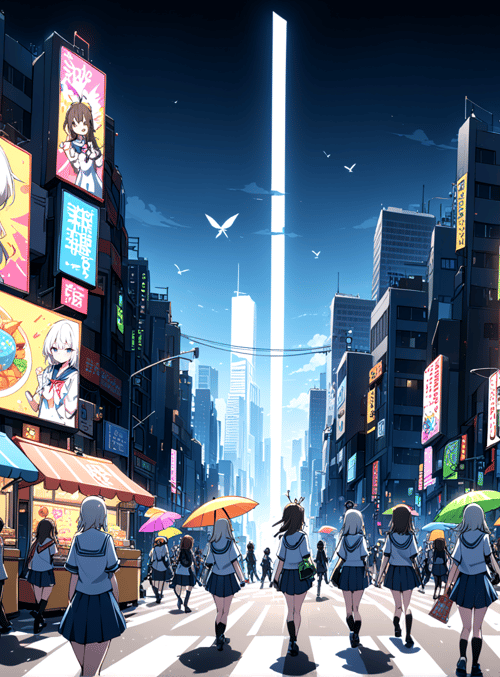 anime, cityscape, schoolgirls