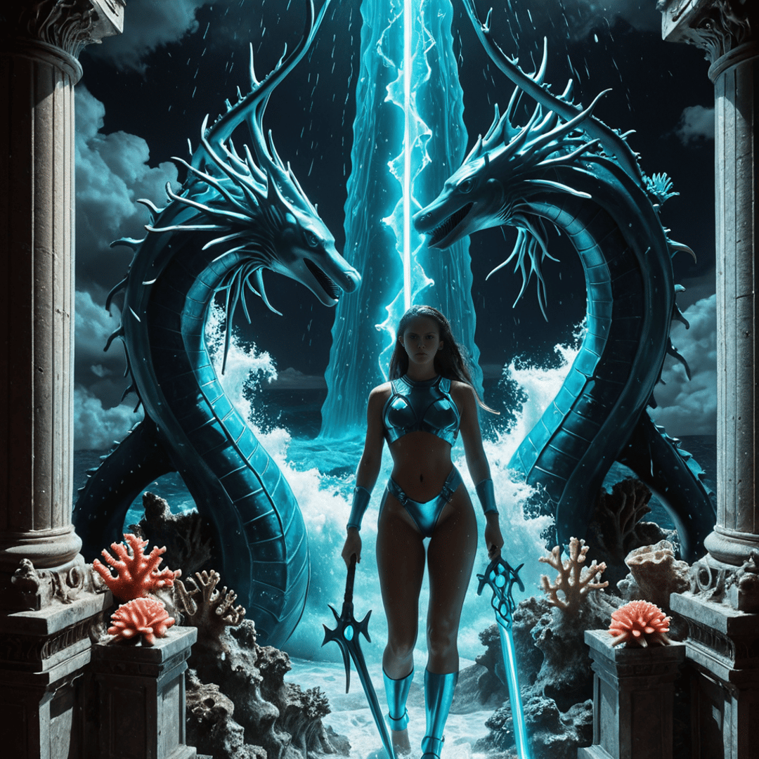 AI generated wallpaper featuring woman, dragon, spear