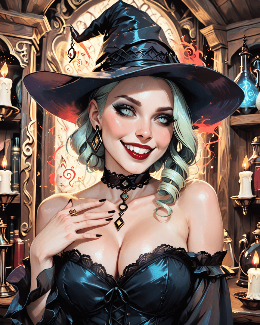 AI generated wallpaper featuring witch, woman, hat, candle, book, pendant, dress, earring, choker, ring