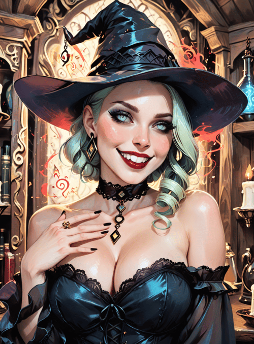 witch, woman, hat, candle, book, pendant, dress, earring, choker, ring