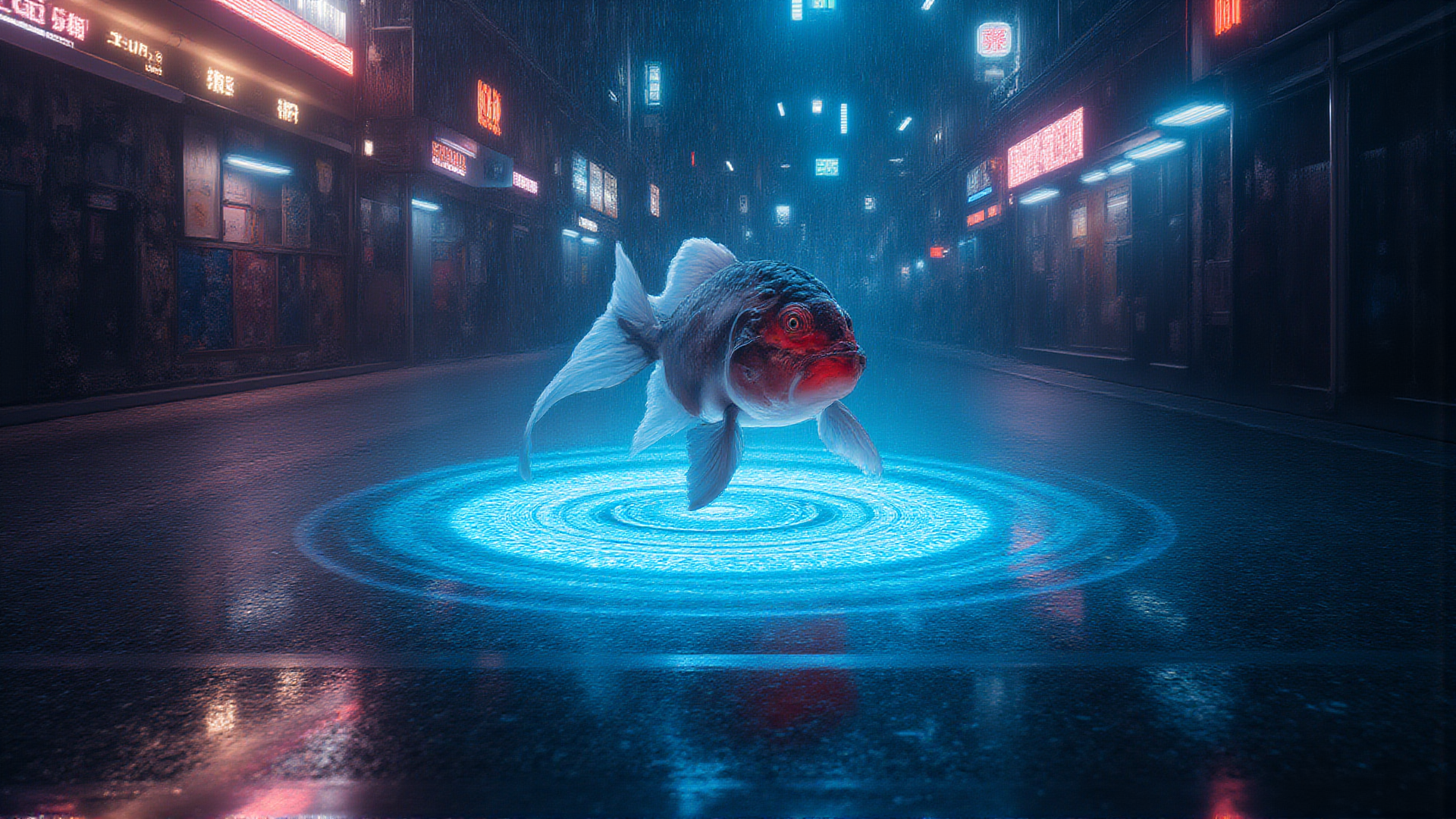 AI generated wallpaper featuring fish, street, neon, digital, glow, rain, city