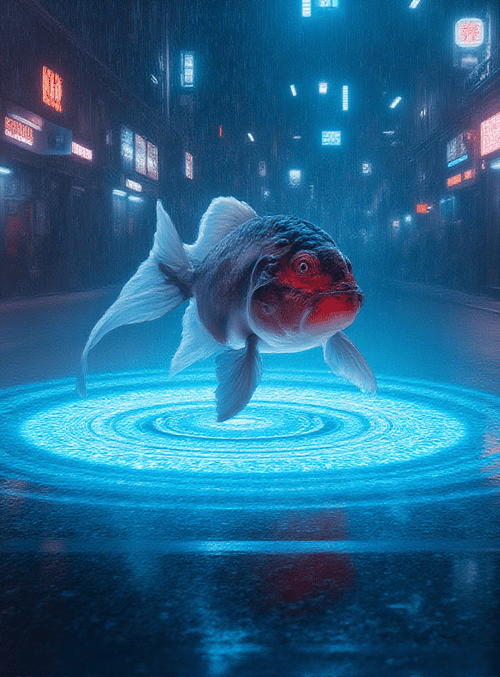 fish, street, neon, digital, glow, rain, city