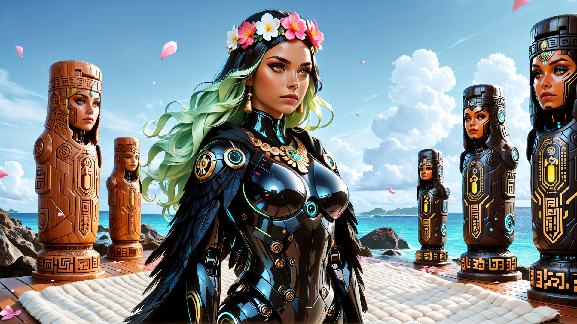 AI generated wallpaper featuring woman, statues, flowers, armor, ocean, feathers, headdress, beach, clouds, petals