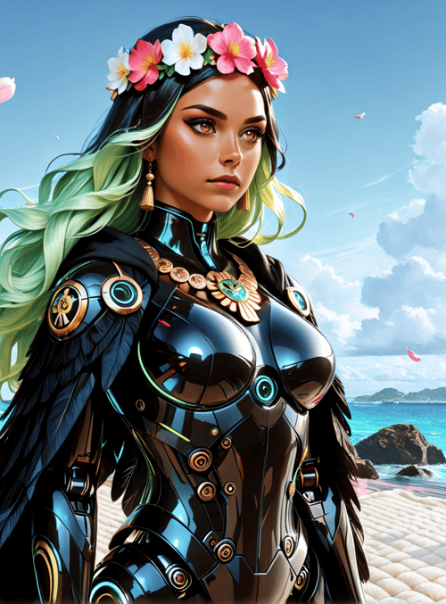 woman, statues, flowers, armor, ocean, feathers, headdress, beach, clouds, petals
