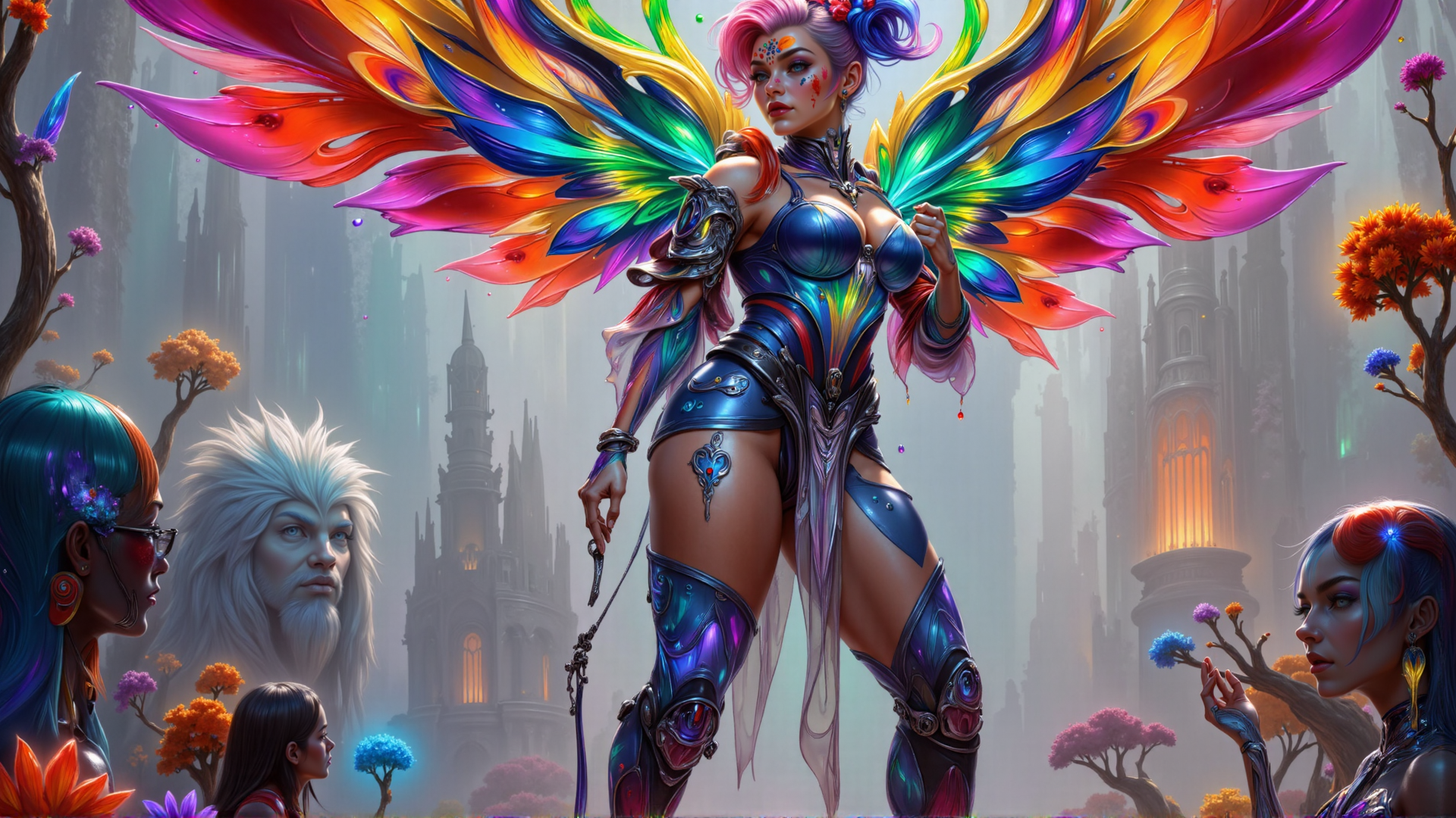 AI generated wallpaper featuring angel, woman, trees, castle, people