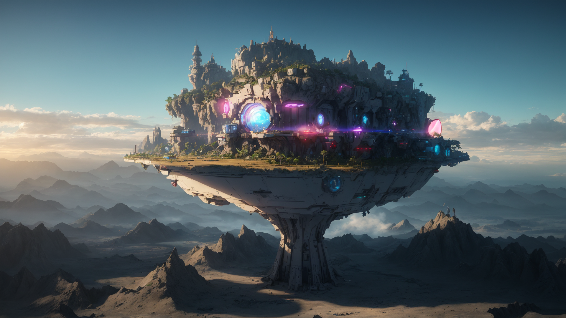 AI generated wallpaper featuring floating island, castle, city