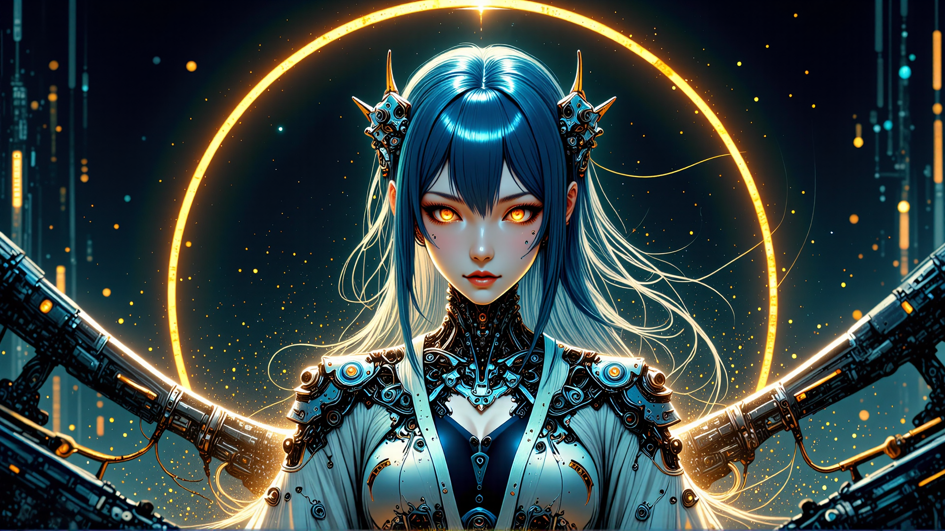 AI generated wallpaper featuring cyberpunk, robot, woman, glasses, armor, helmet