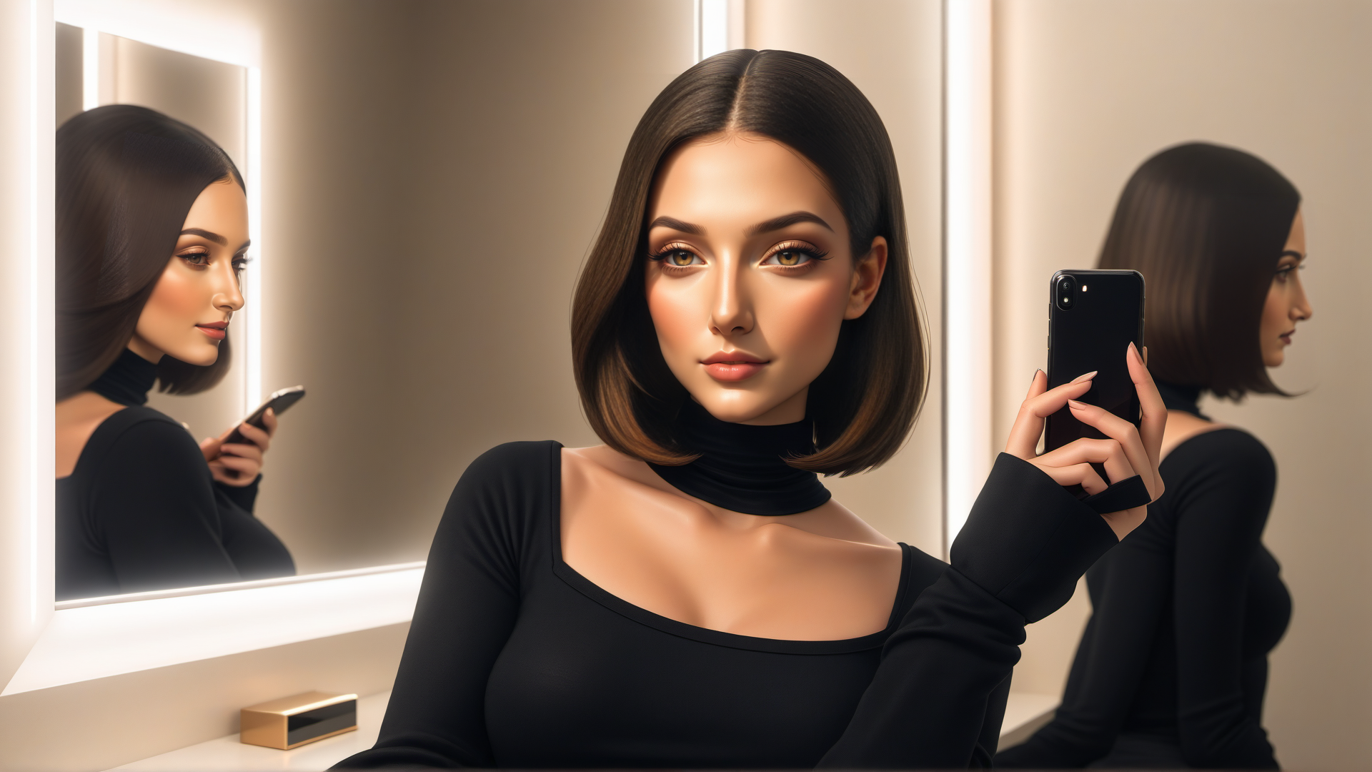 AI generated wallpaper featuring woman, mirror, phone