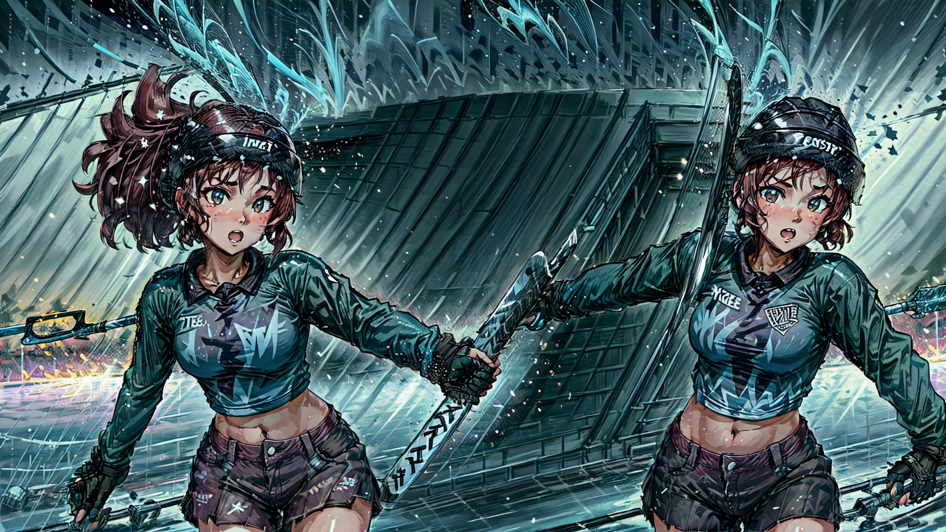 AI generated wallpaper featuring girl, skier, sailor, weapon, ice, snow, helmet, sail, sailboat, fist