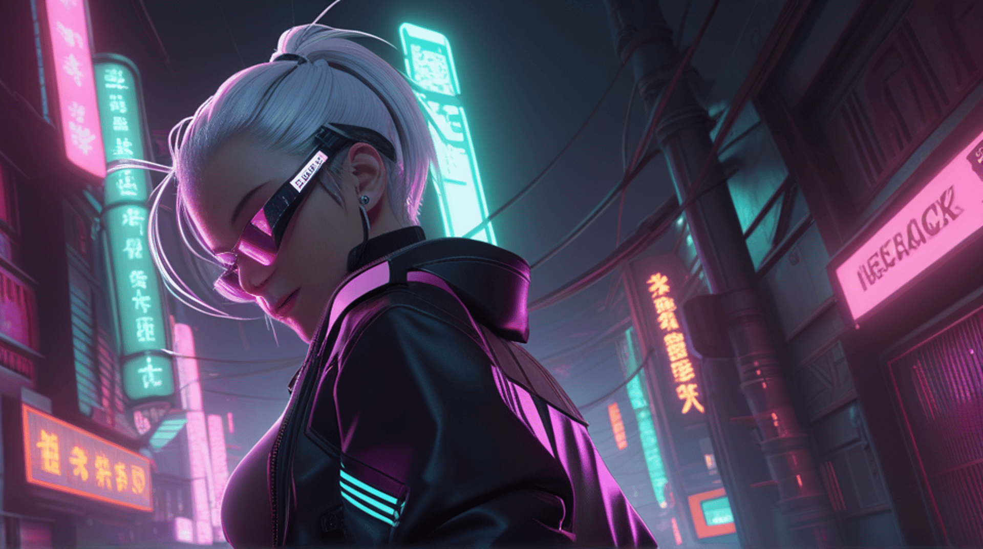AI generated wallpaper featuring woman, cyberpunk, neon