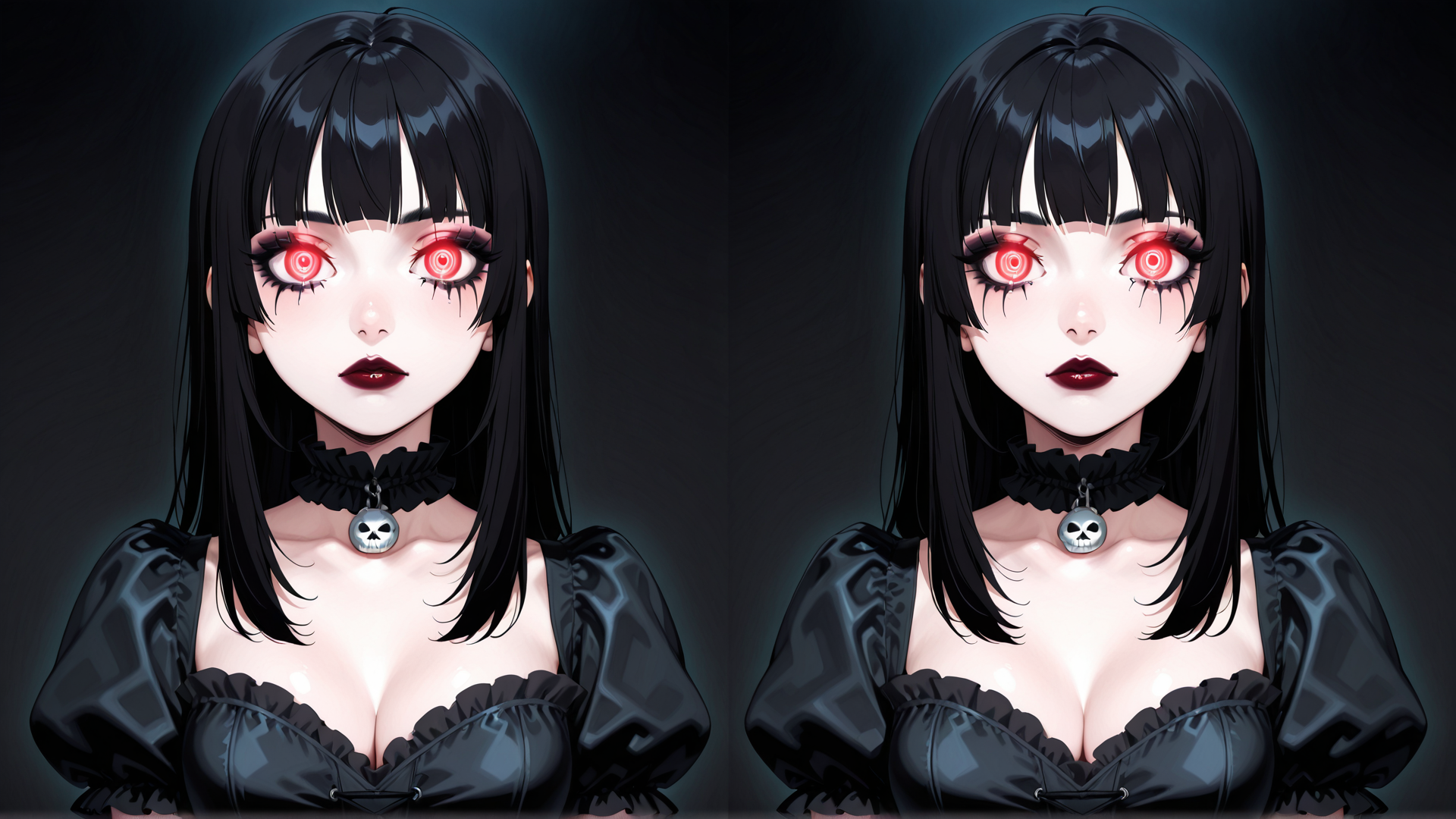 AI generated wallpaper featuring anime girl, black hair, red eyes, choker, skull pendant, gothic dress