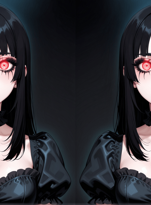 anime girl, black hair, red eyes, choker, skull pendant, gothic dress