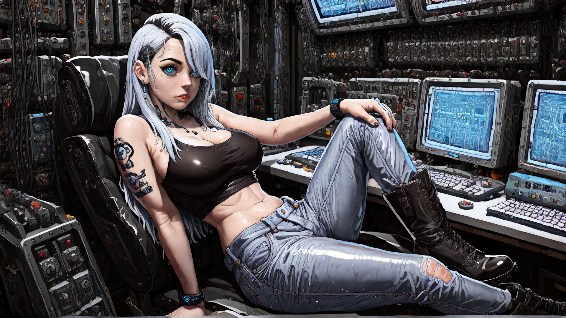 AI generated wallpaper featuring cyberpunk, woman, gaming chair, tattoo, monitor