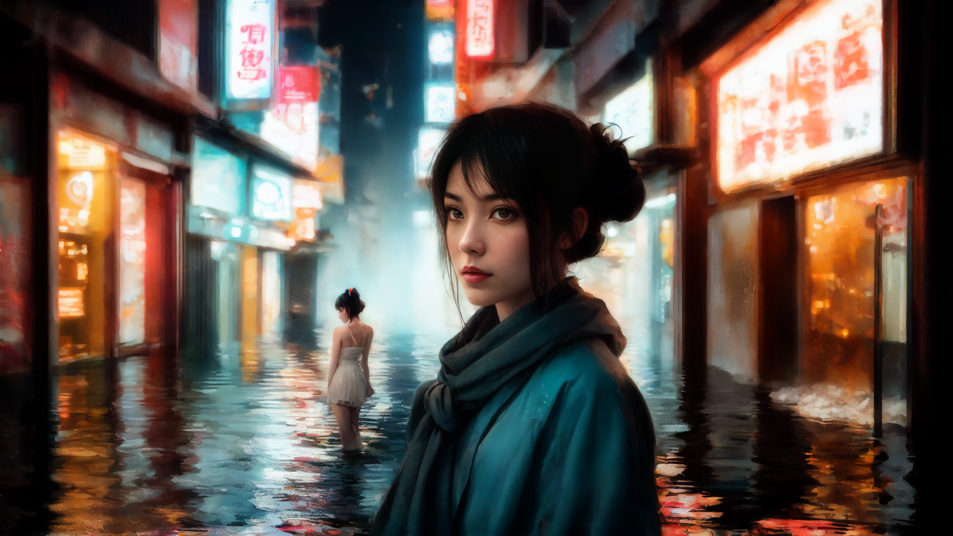 AI generated wallpaper featuring woman, street, neon