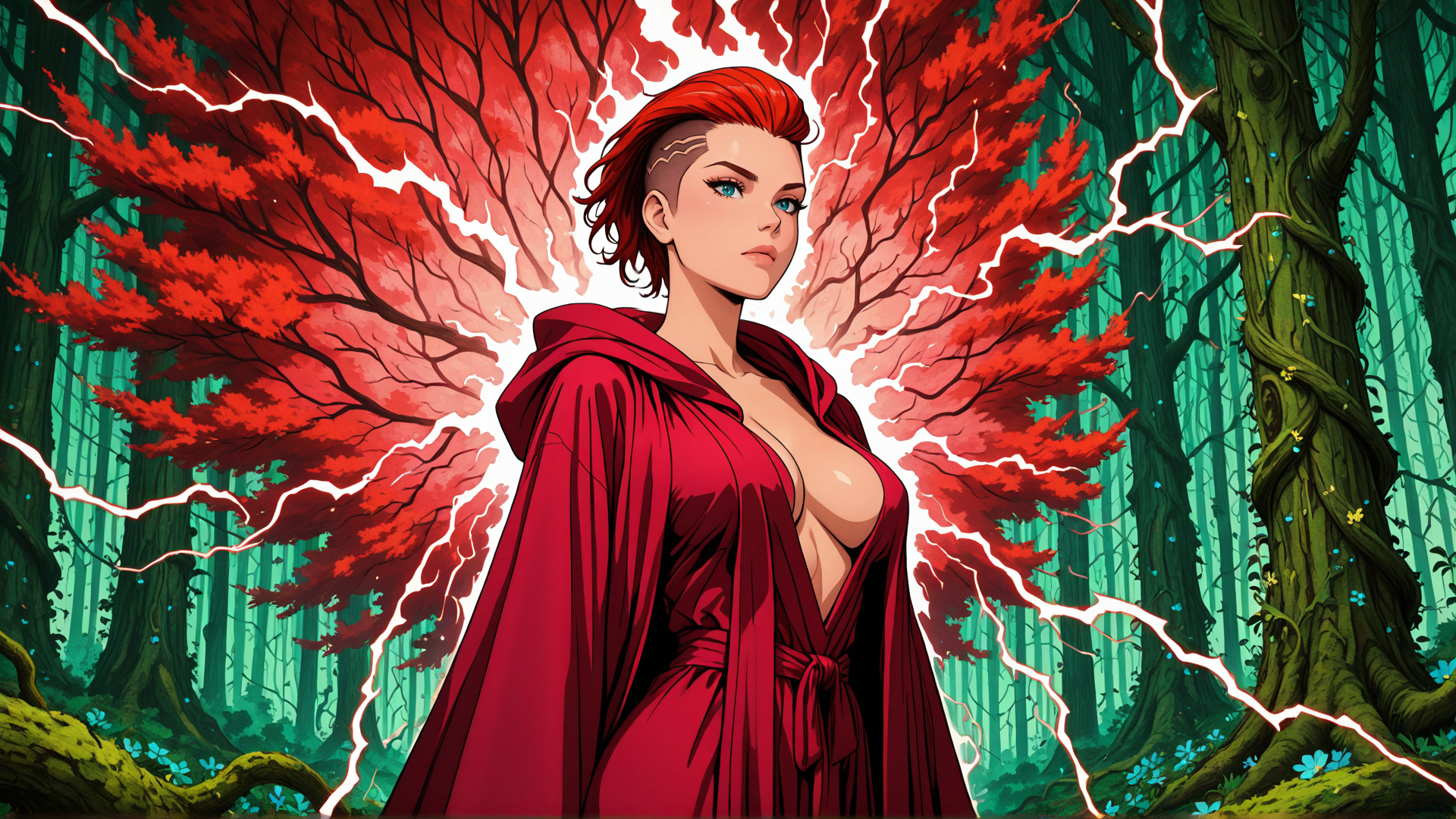AI generated wallpaper featuring woman, forest, trees, red, lightning, cape, nature