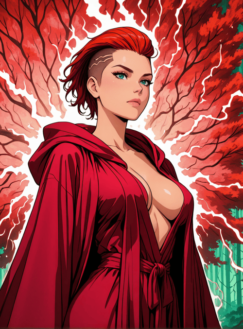 woman, forest, trees, red, lightning, cape, nature