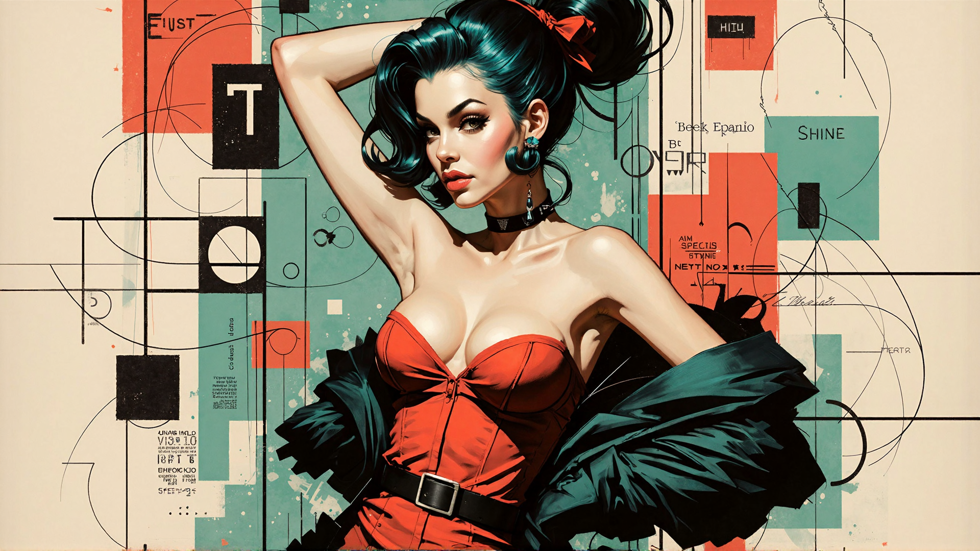 AI generated wallpaper featuring woman, pinup, art, dress, hair, choker, earrings, background, text, shapes