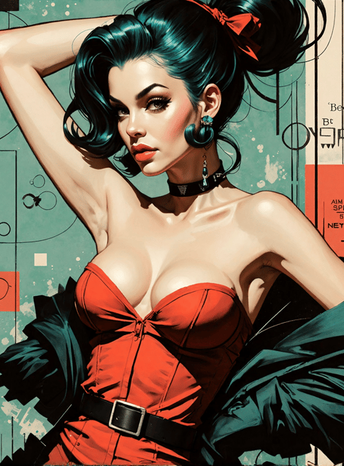 woman, pinup, art, dress, hair, choker, earrings, background, text, shapes