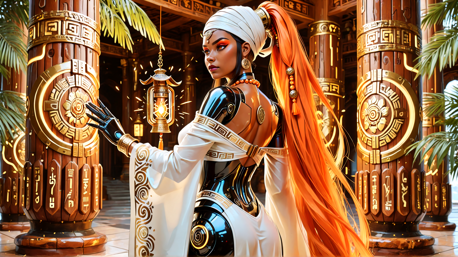 AI generated wallpaper featuring woman, robot, columns, lantern, gloves, headwrap, hair, necklace, decor, symbols