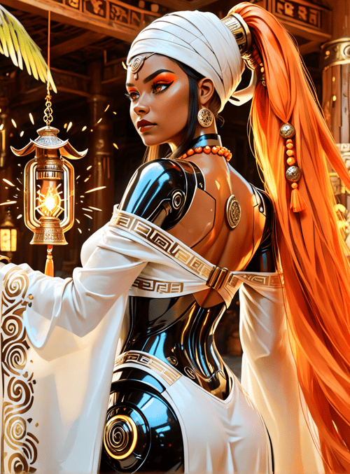 woman, robot, columns, lantern, gloves, headwrap, hair, necklace, decor, symbols