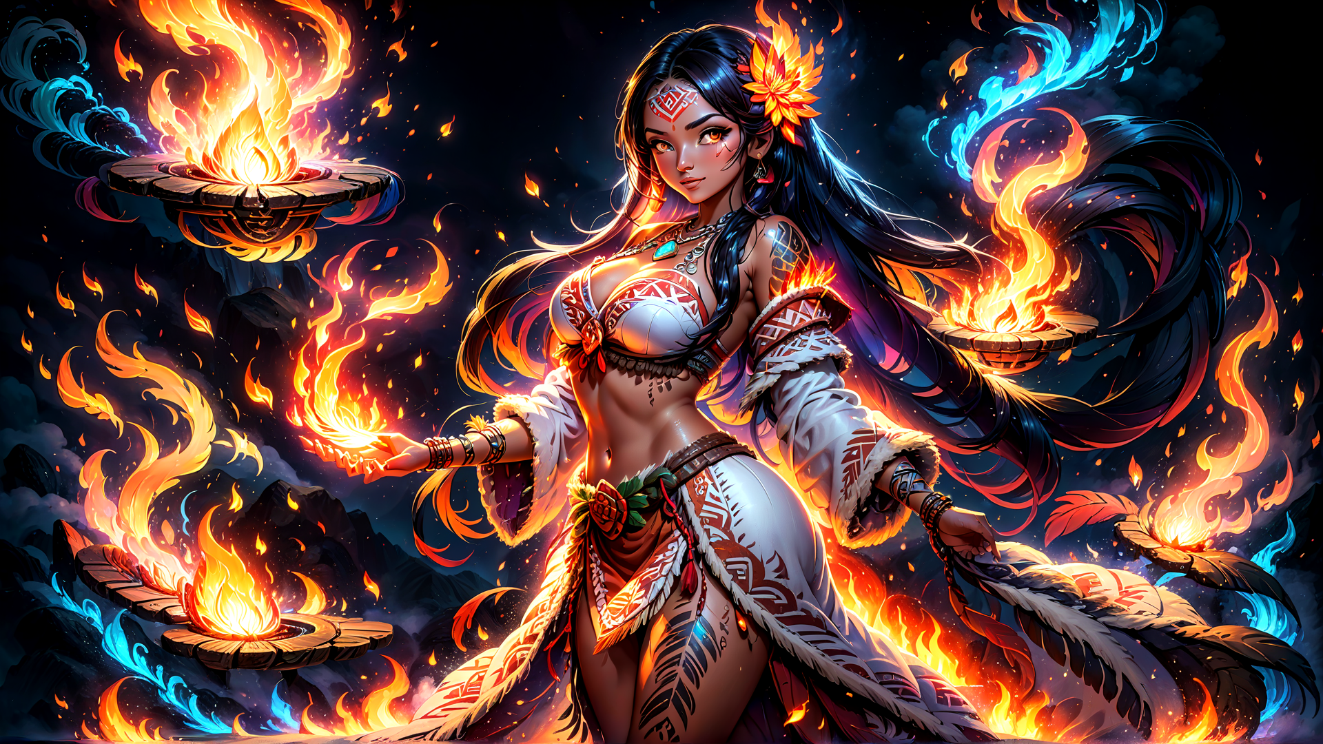AI generated wallpaper featuring woman, fire, feathers, flames, tattoo, headdress, pendant, crown, scroll, candle