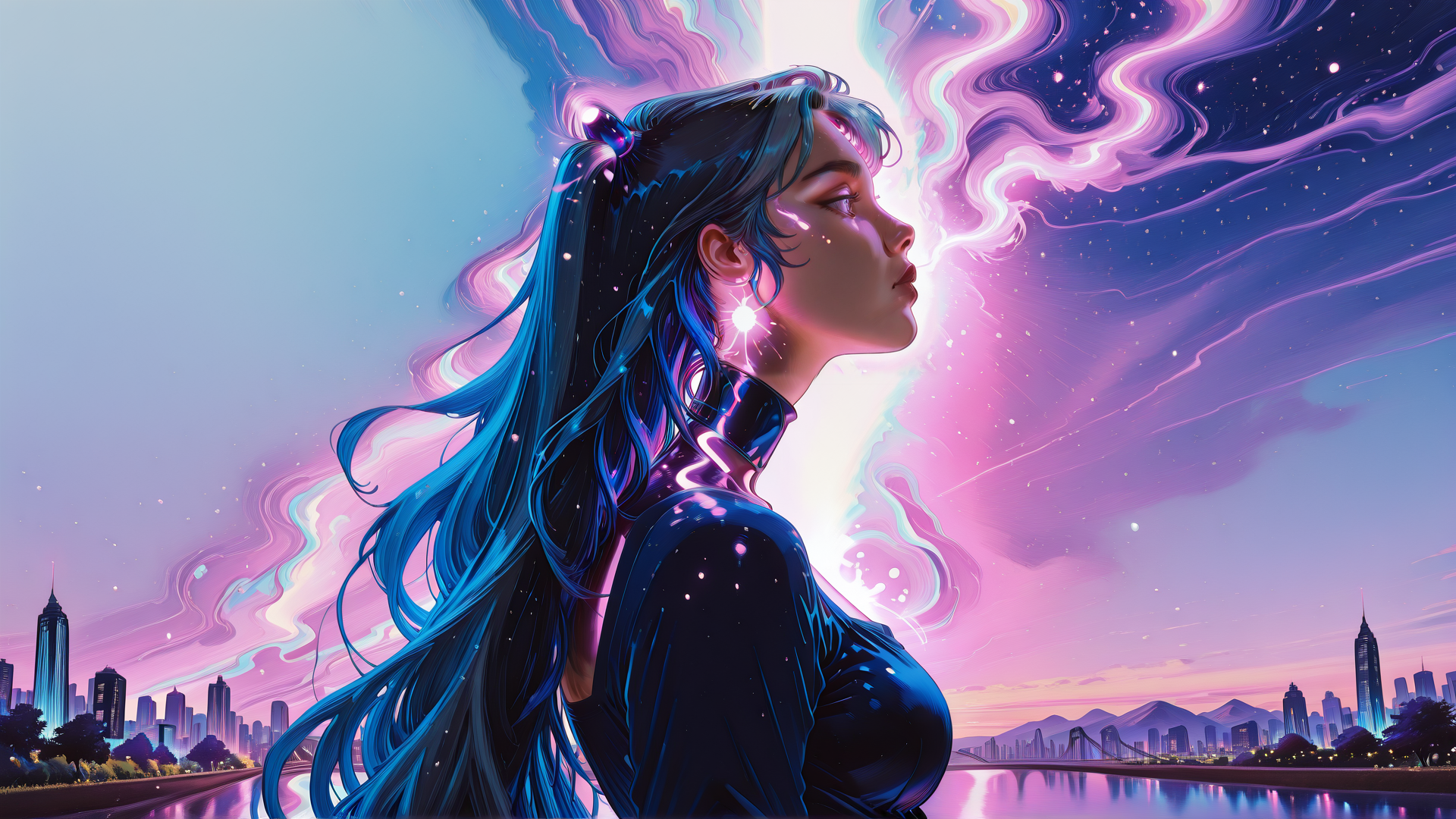 AI generated wallpaper featuring woman, cityscape, neon, aurora, hair, stars, sky, river, buildings, light