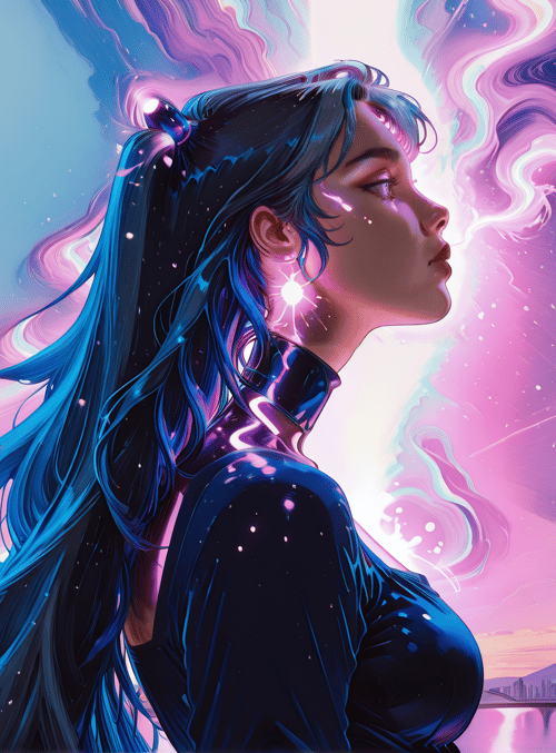 woman, cityscape, neon, aurora, hair, stars, sky, river, buildings, light