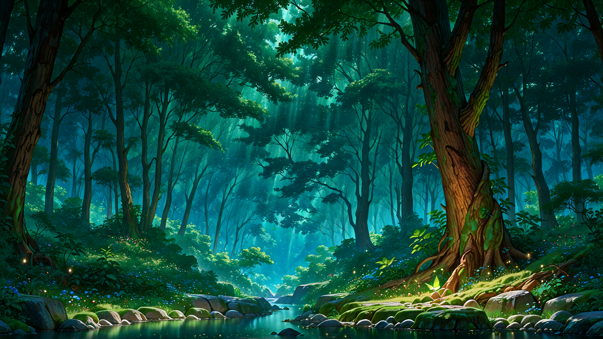AI generated wallpaper featuring forest, river, trees, moss, flowers, rocks