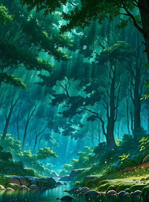 forest, river, trees, moss, flowers, rocks