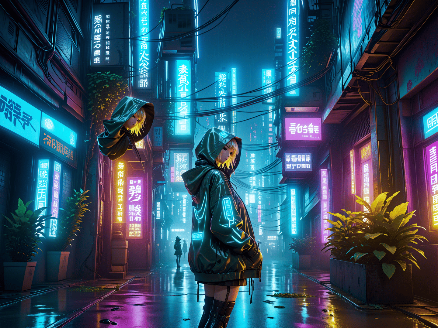 AI generated wallpaper featuring girl, neon, city