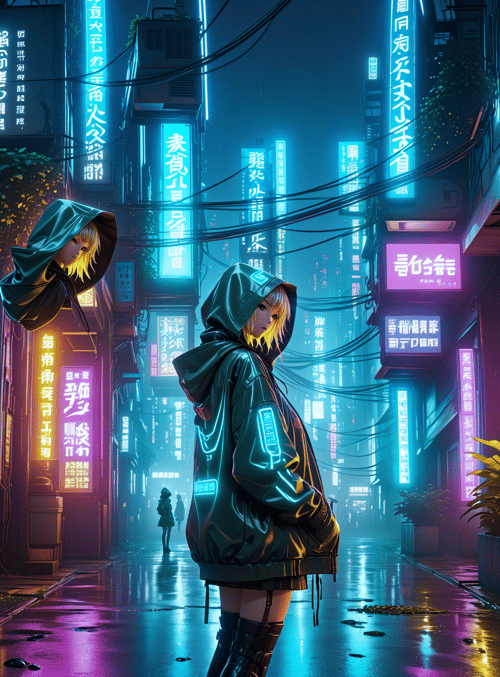 girl, neon, city