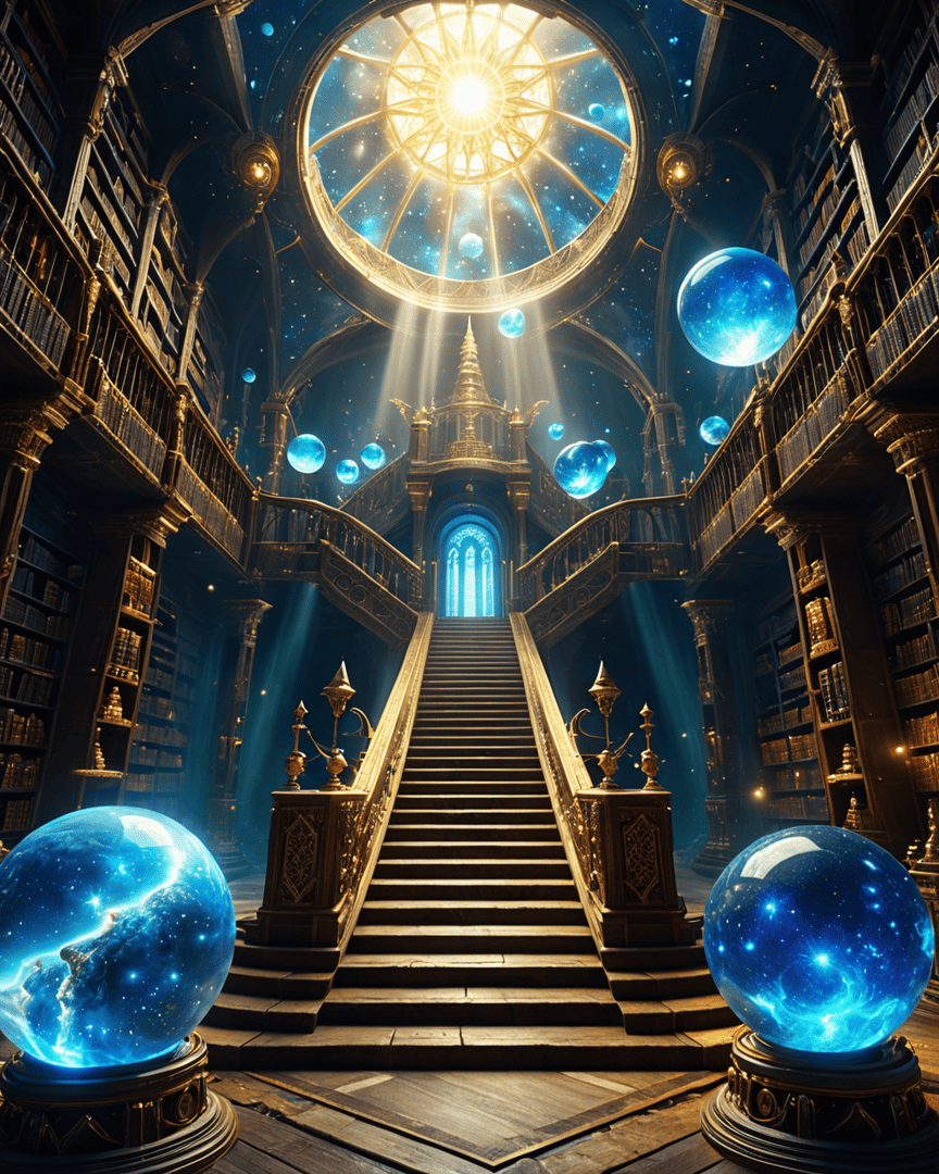 AI generated wallpaper featuring library, staircase, spheres, bookshelves, ceiling, arches, light, stars, globe, architecture