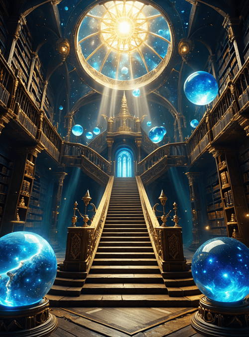 library, staircase, spheres, bookshelves, ceiling, arches, light, stars, globe, architecture