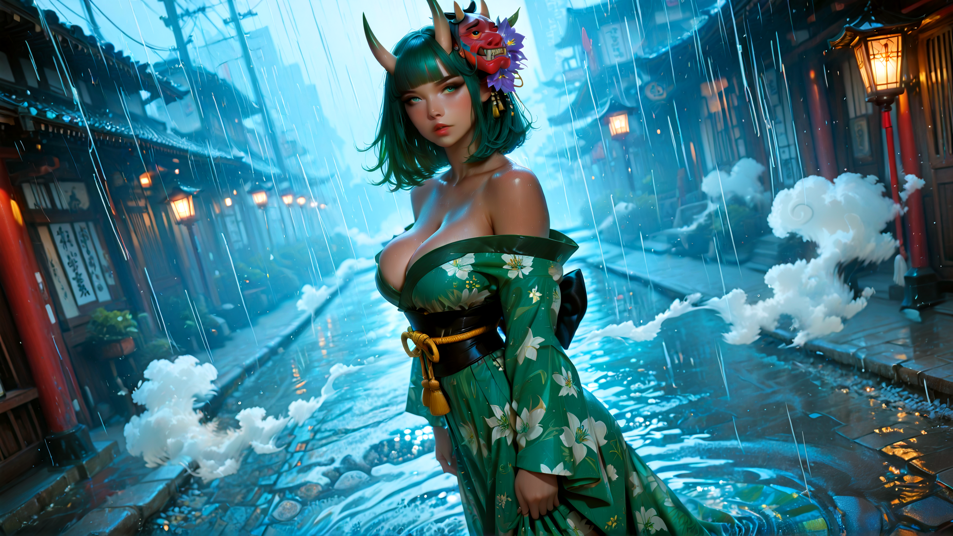 AI generated wallpaper featuring woman, dragon, kimono, rain, street, lantern, cloud, building, horn, flower