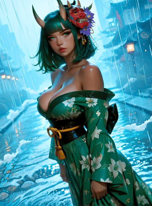 woman, dragon, kimono, rain, street, lantern, cloud, building, horn, flower