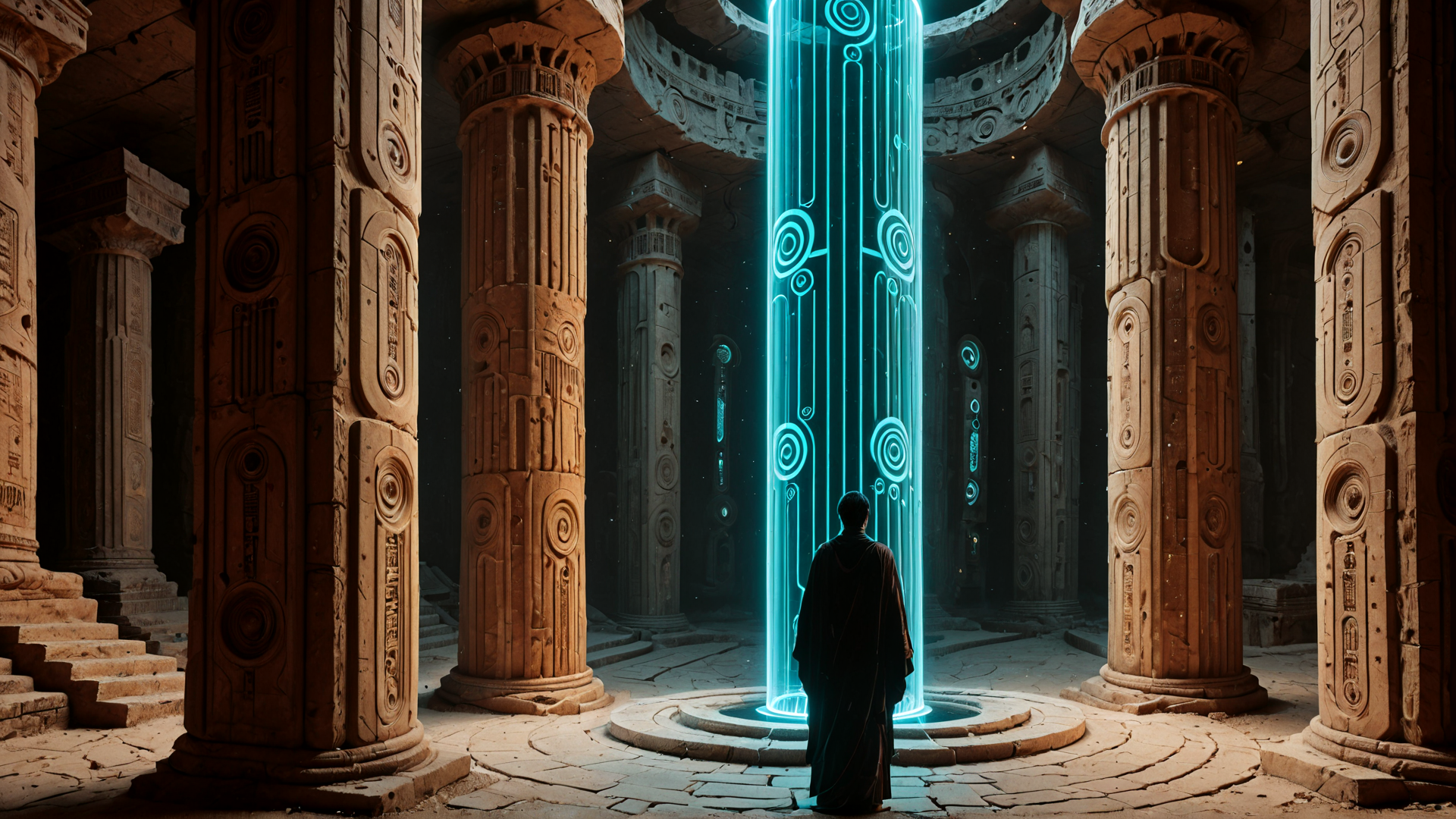 AI generated wallpaper featuring ancient pillars, neon column, robed figure, circular chamber, stone ruins, architectural structure