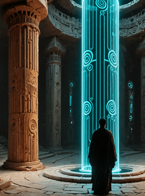 ancient pillars, neon column, robed figure, circular chamber, stone ruins, architectural structure