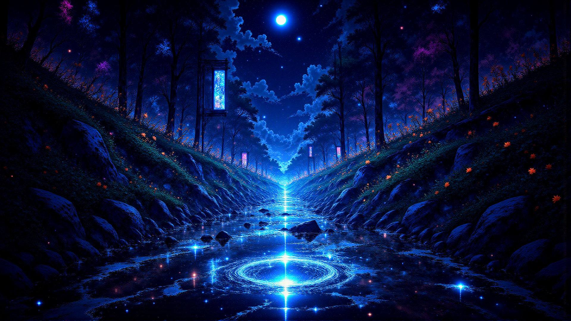 AI generated wallpaper featuring river, forest, moon, lighthouse, flowers, trees, stars, rocks, lanterns, path