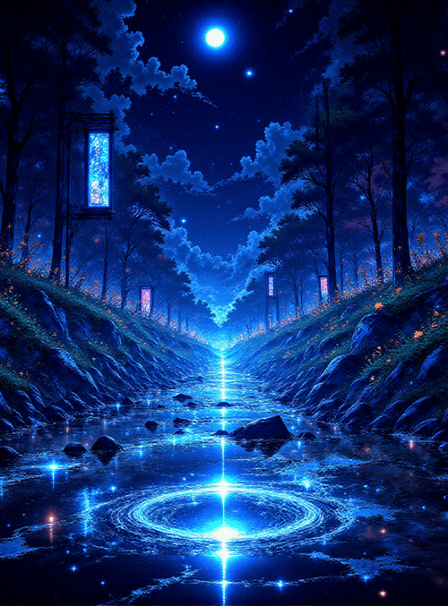 river, forest, moon, lighthouse, flowers, trees, stars, rocks, lanterns, path