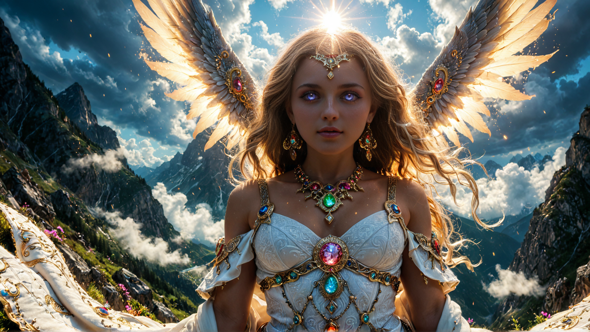 AI generated wallpaper featuring angel, woman, mountains