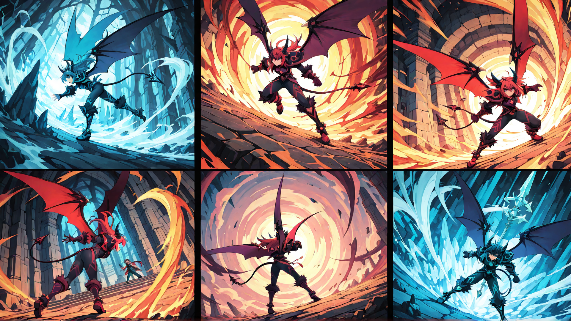 AI generated wallpaper featuring dragon, character, angel, demon, wings, sword, magic, castle, energy, cave