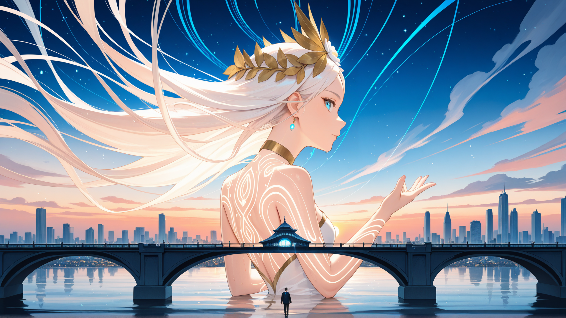 AI generated wallpaper featuring woman, cityscape, bridge, river, stars, hair, chinese architecture, goddess, sun, person