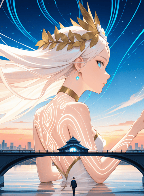 woman, cityscape, bridge, river, stars, hair, chinese architecture, goddess, sun, person