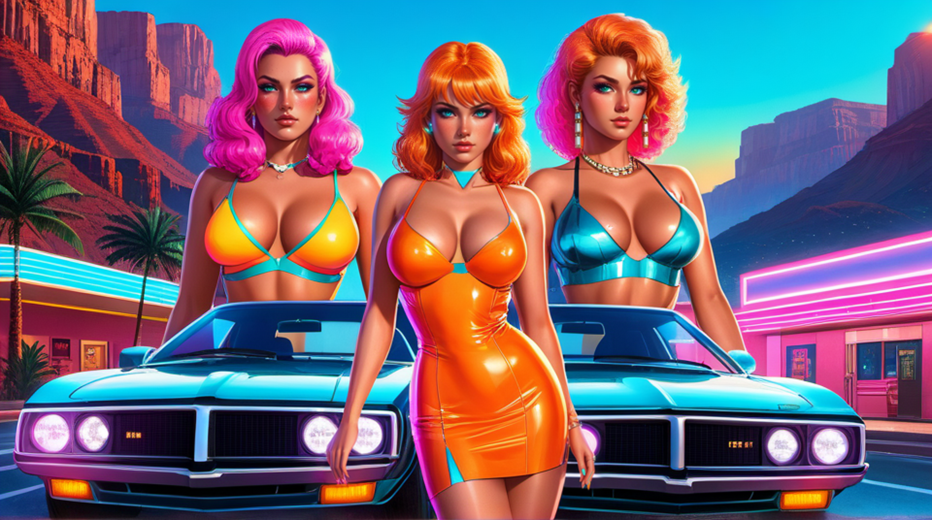AI generated wallpaper featuring women, cars, neon